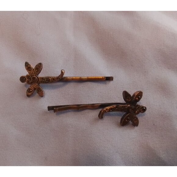 Vintage Bronze Tone Dragonfly Hairpins Set Of 2 Hair Bobby Pins - Picture 1 of 2